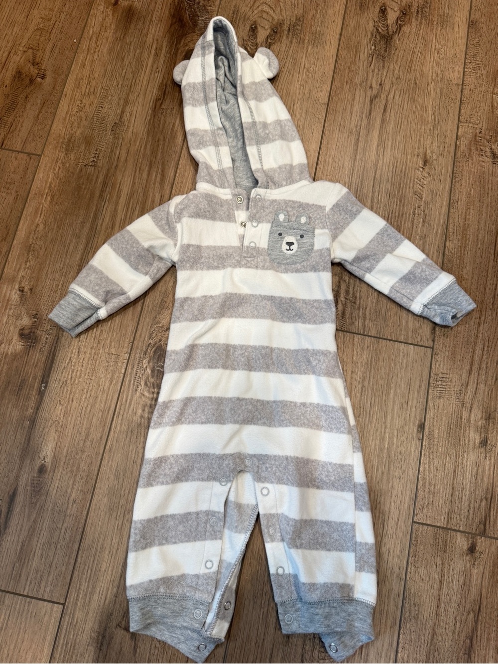 Carter's Gray & White Striped Hooded Baby One-Piece with Bear Pocket